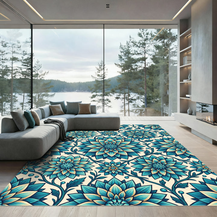 Teal and Cream Dahlia Floral Rug