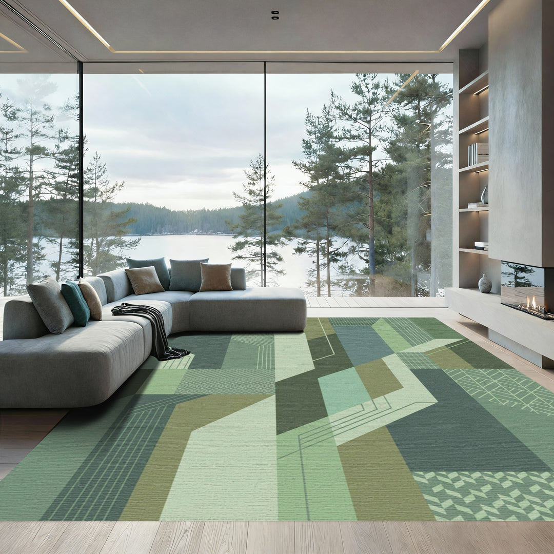 Forest Green Geometric Architectural Elements Rug