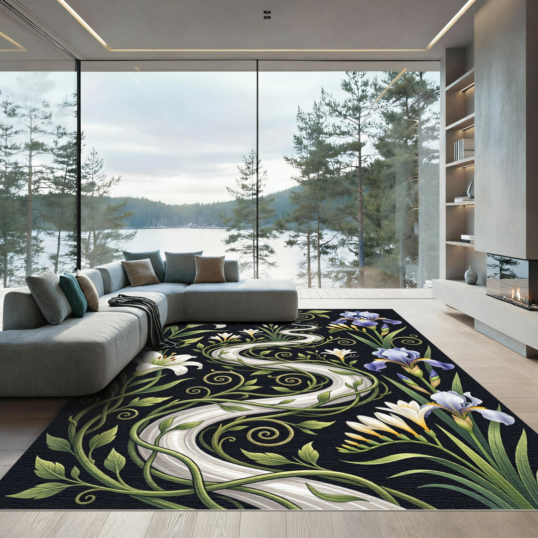 White Lily Iris Floral River Rug