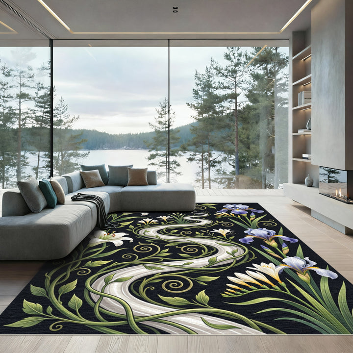 White Lily Iris Floral River Rug