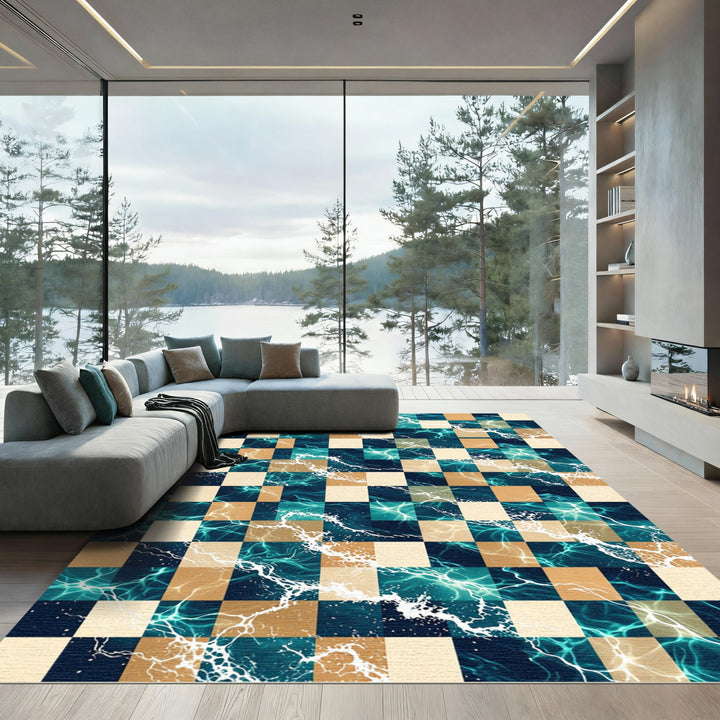 Ocean Chessboard Turquoise Gold Rug