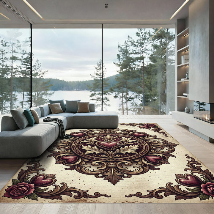 Ornate Red Hearts Gold Border Rug