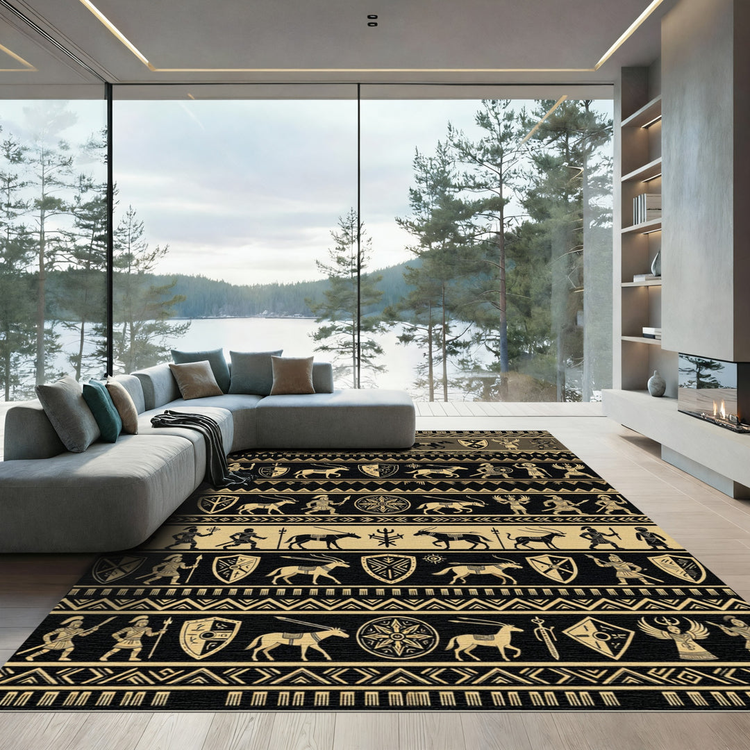 Ancient Warriors and Animals Black Gold Rug