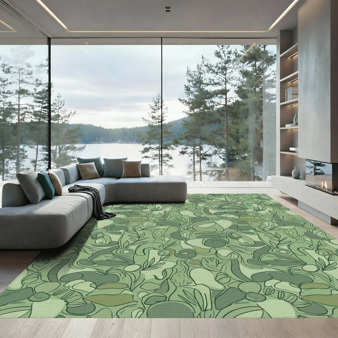 Earthy Green Organic Abstract Foliage Rug