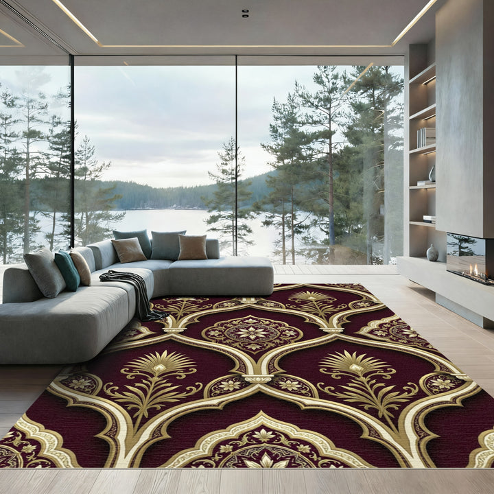 Ornate Gold and Burgundy Archway Rug