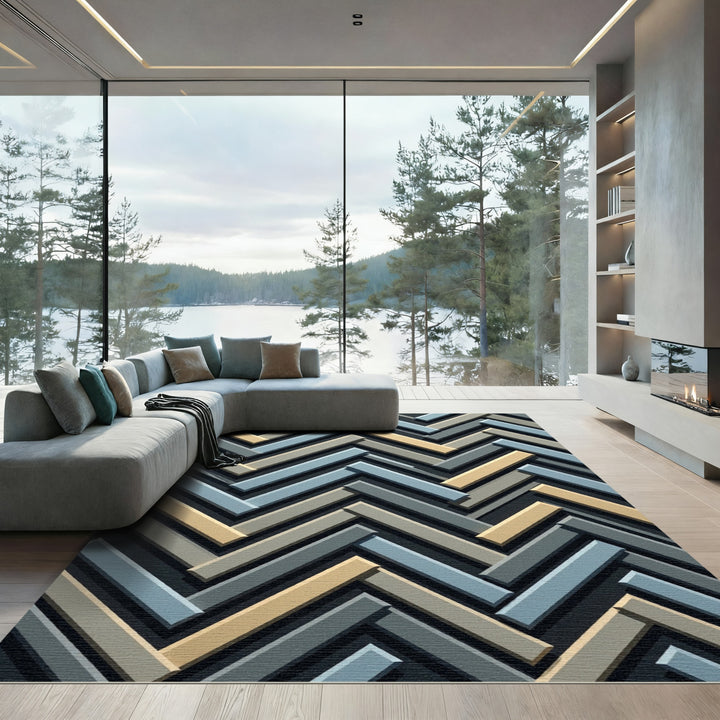 Abstract Chevron Blue Beige Gray Rug
