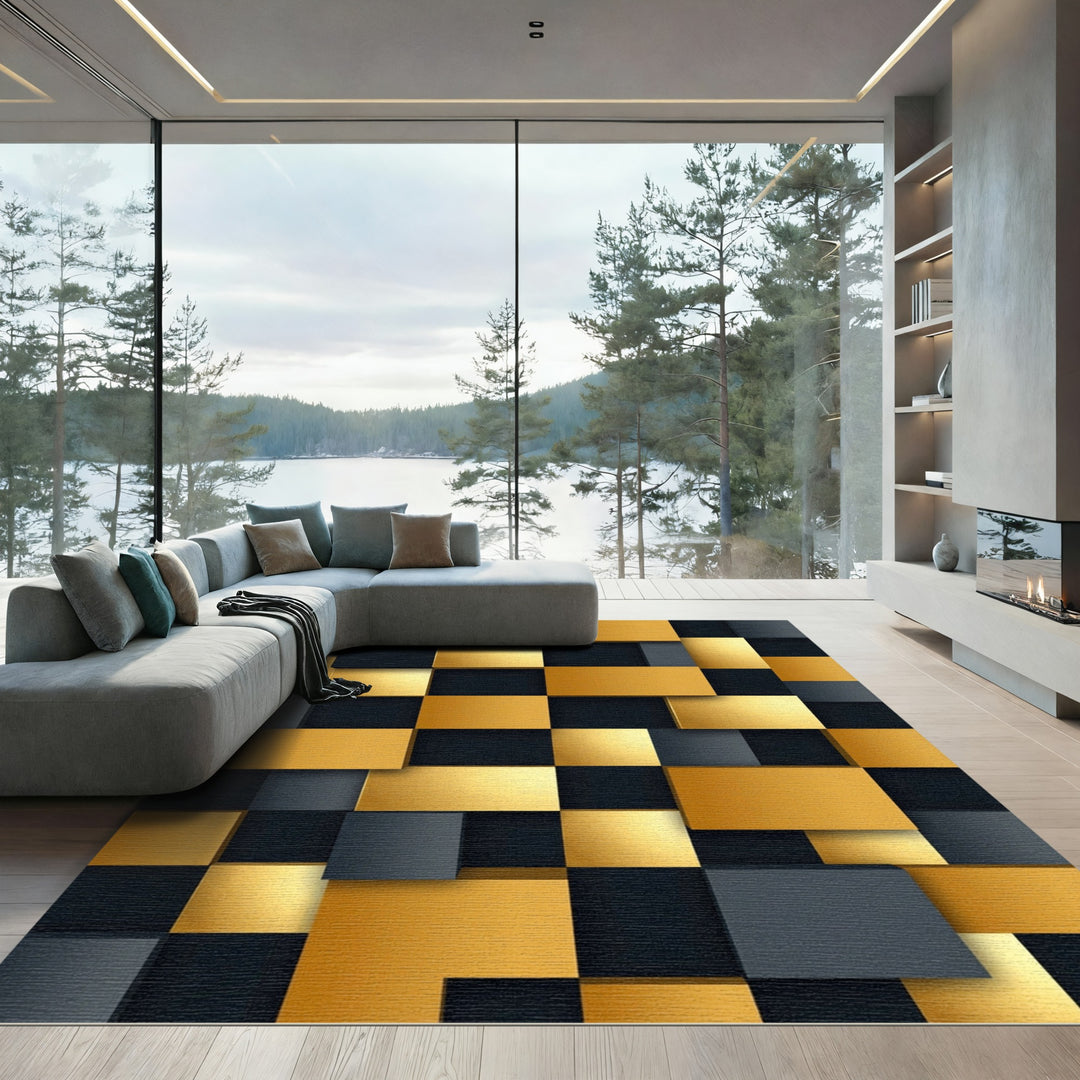Golden Black Geometric Cubes Rug
