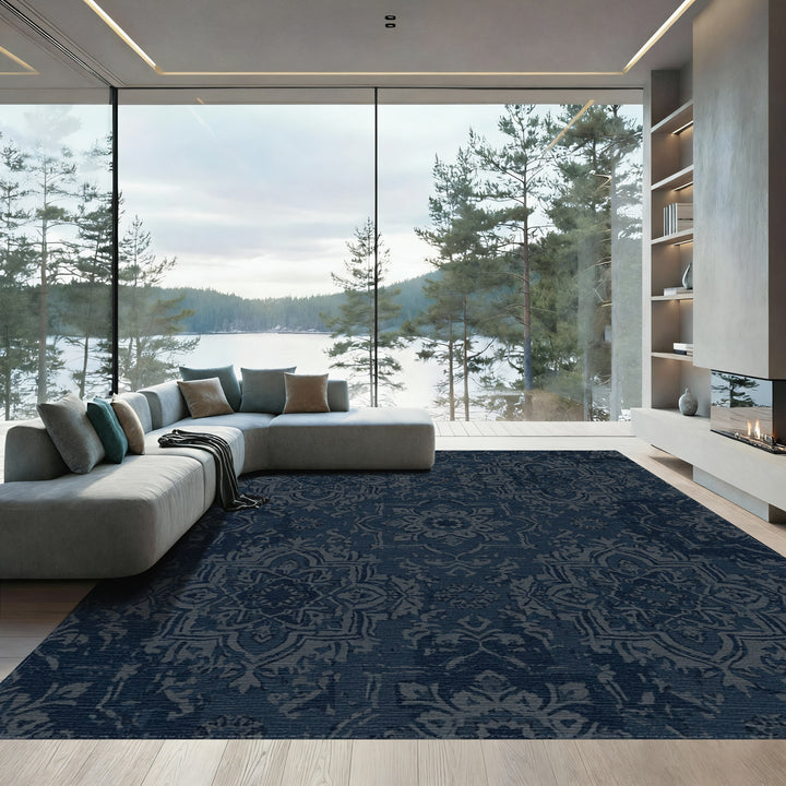 Distressed Midnight Blue Medallion Rug