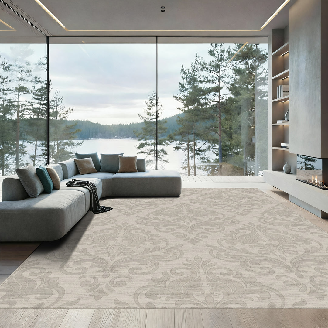 Subtle Tan Damask Scroll Work Rug