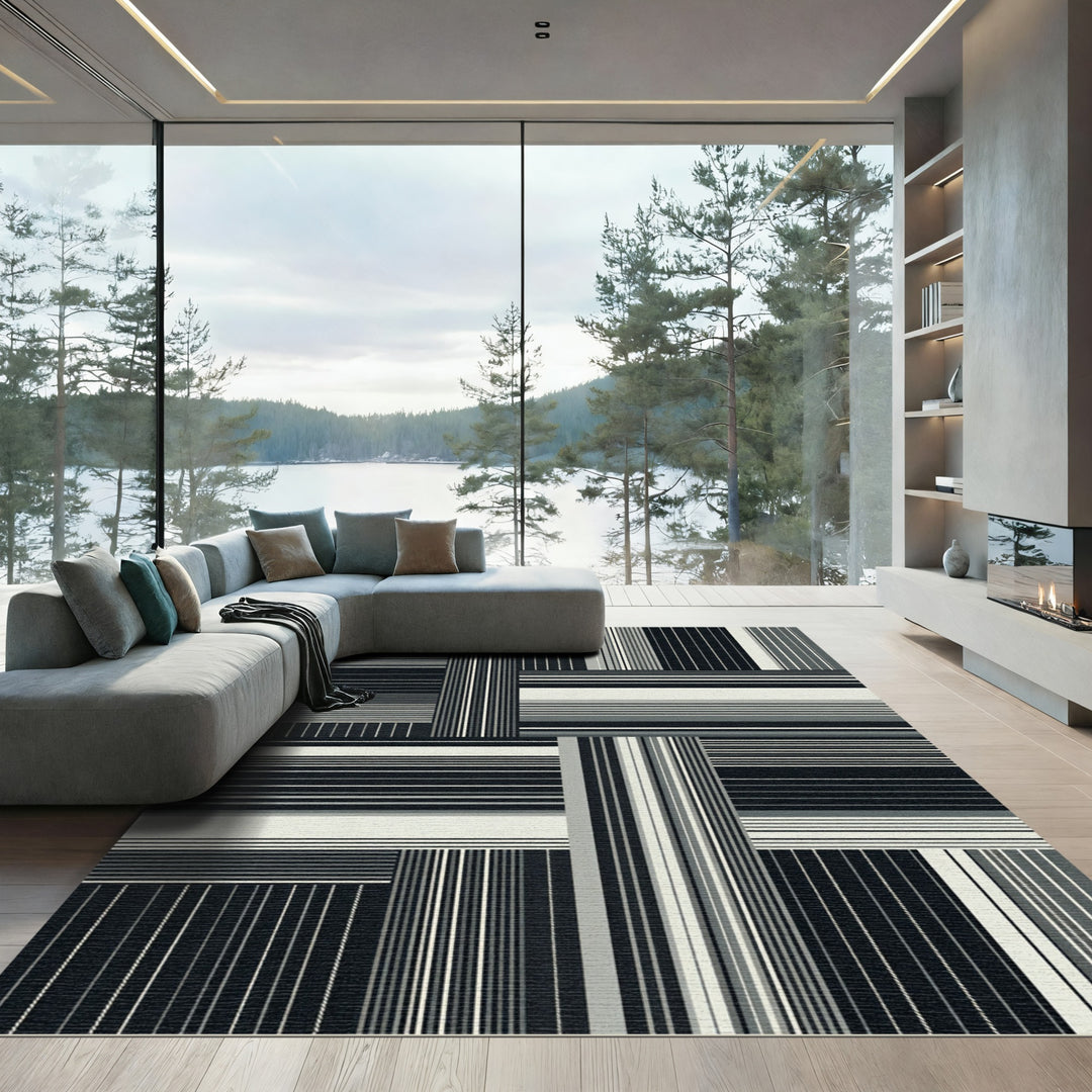 Geometric Black White Stripe Patchwork Rug