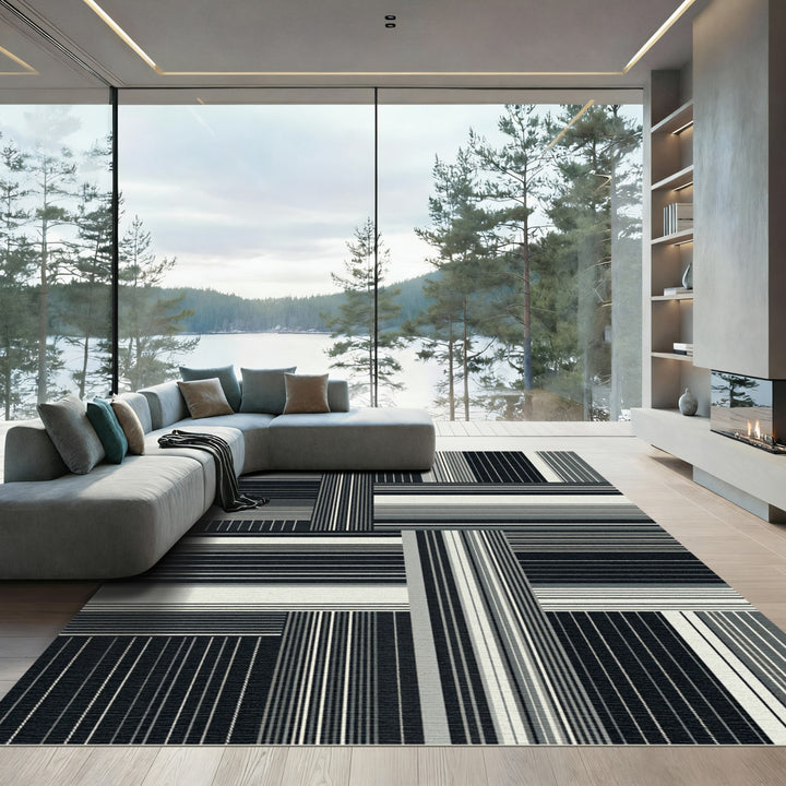 Geometric Black White Stripe Patchwork Rug
