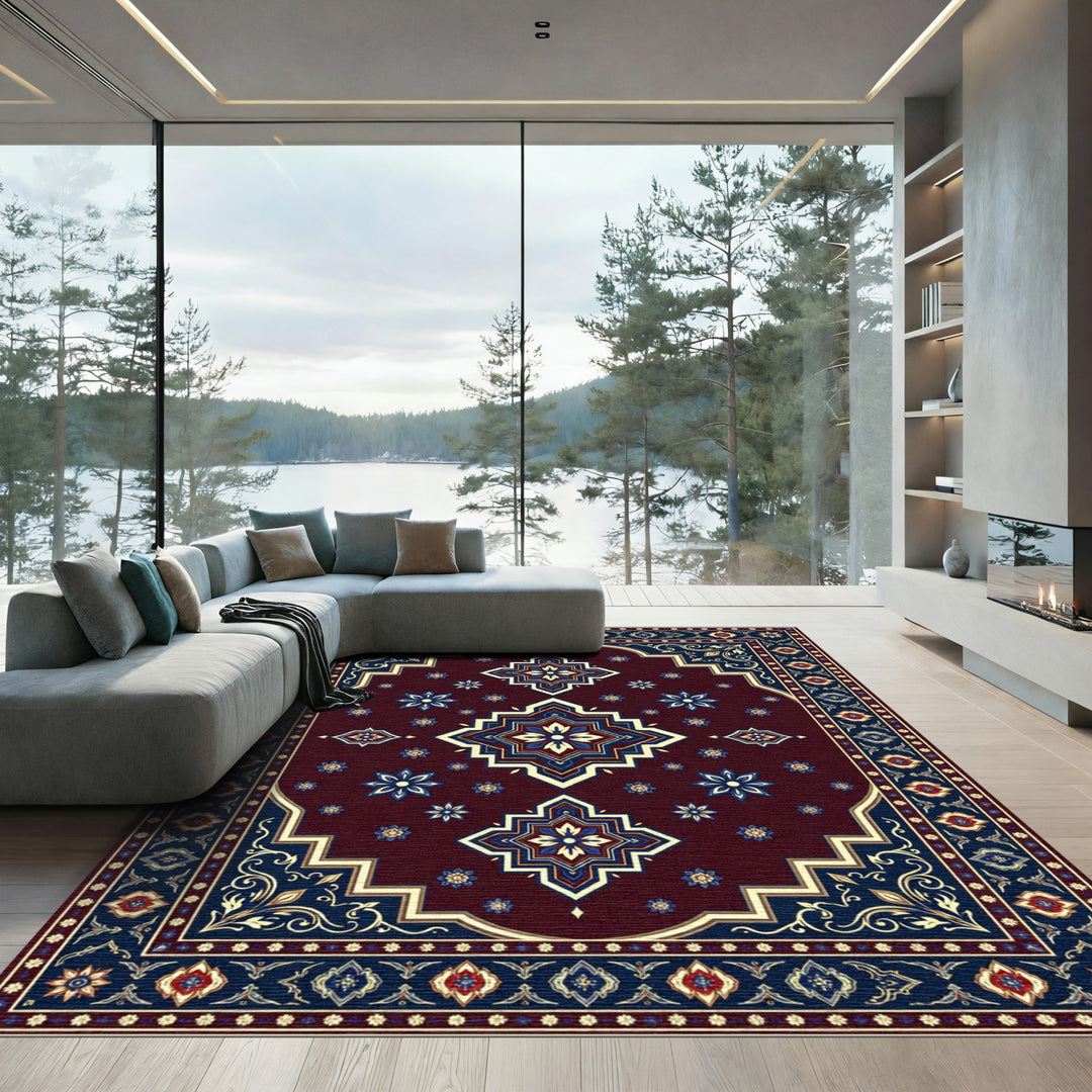 Deep Burgundy Geometric Medallion Rug