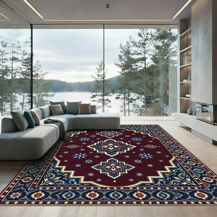 Deep Burgundy Geometric Medallion Rug