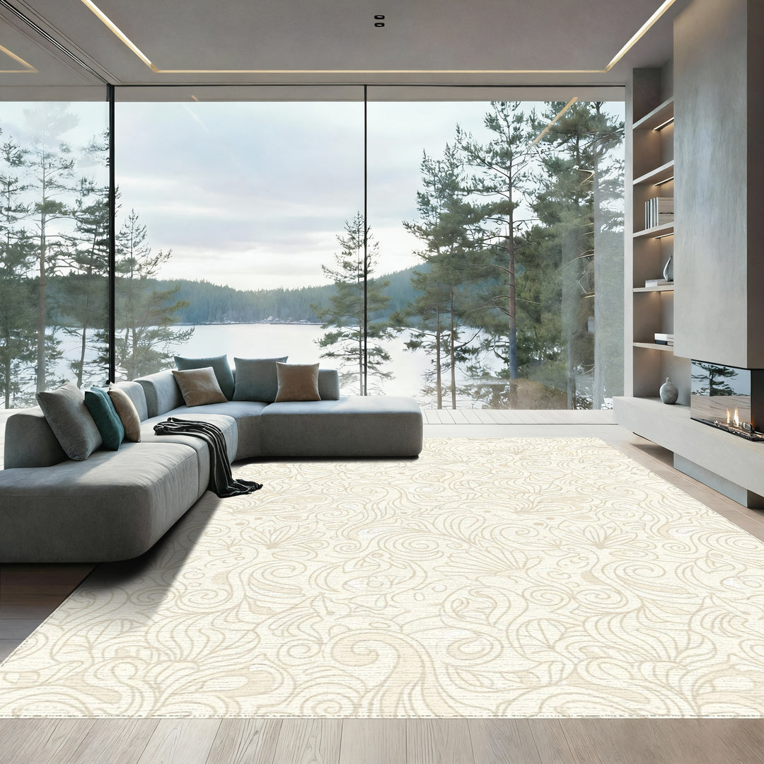 Ivory Floral Swirl Abstract Rug