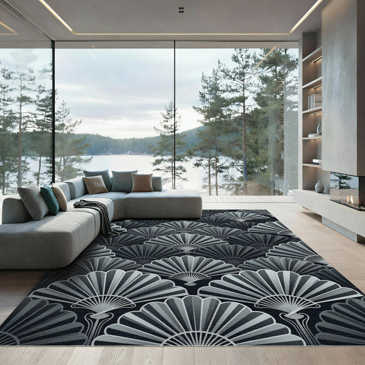 Art Deco Hand Fan Black Gray Rug