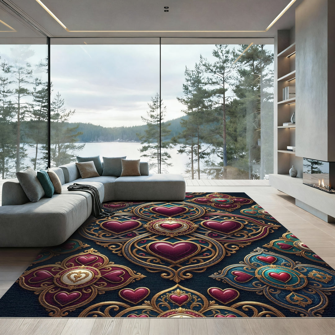 Ornate Heart Mandala Teal Gold Rug