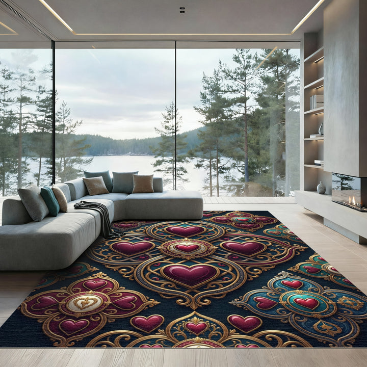 Ornate Heart Mandala Teal Gold Rug