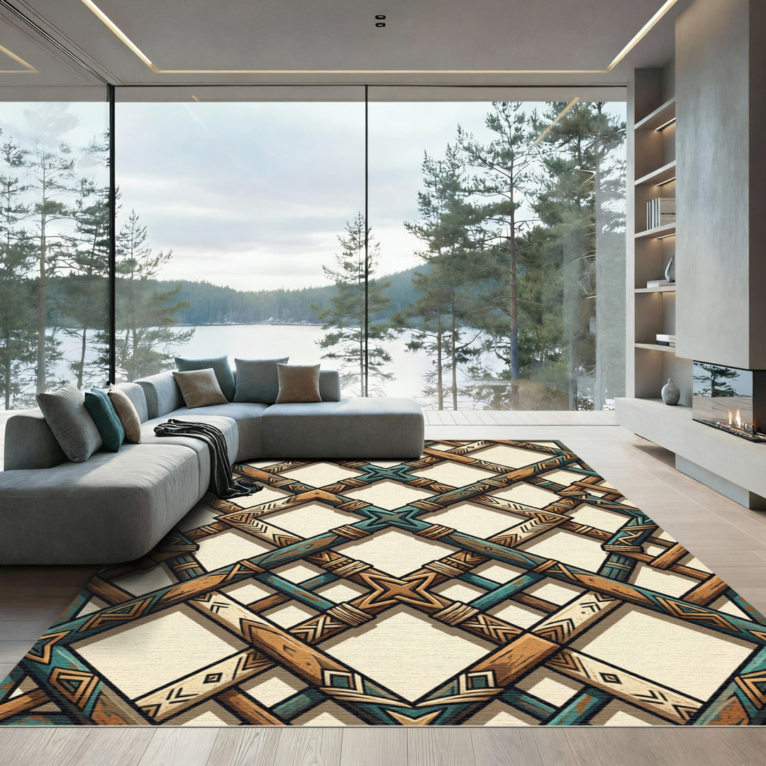 Tribal Geometric Wood Lattice Rug