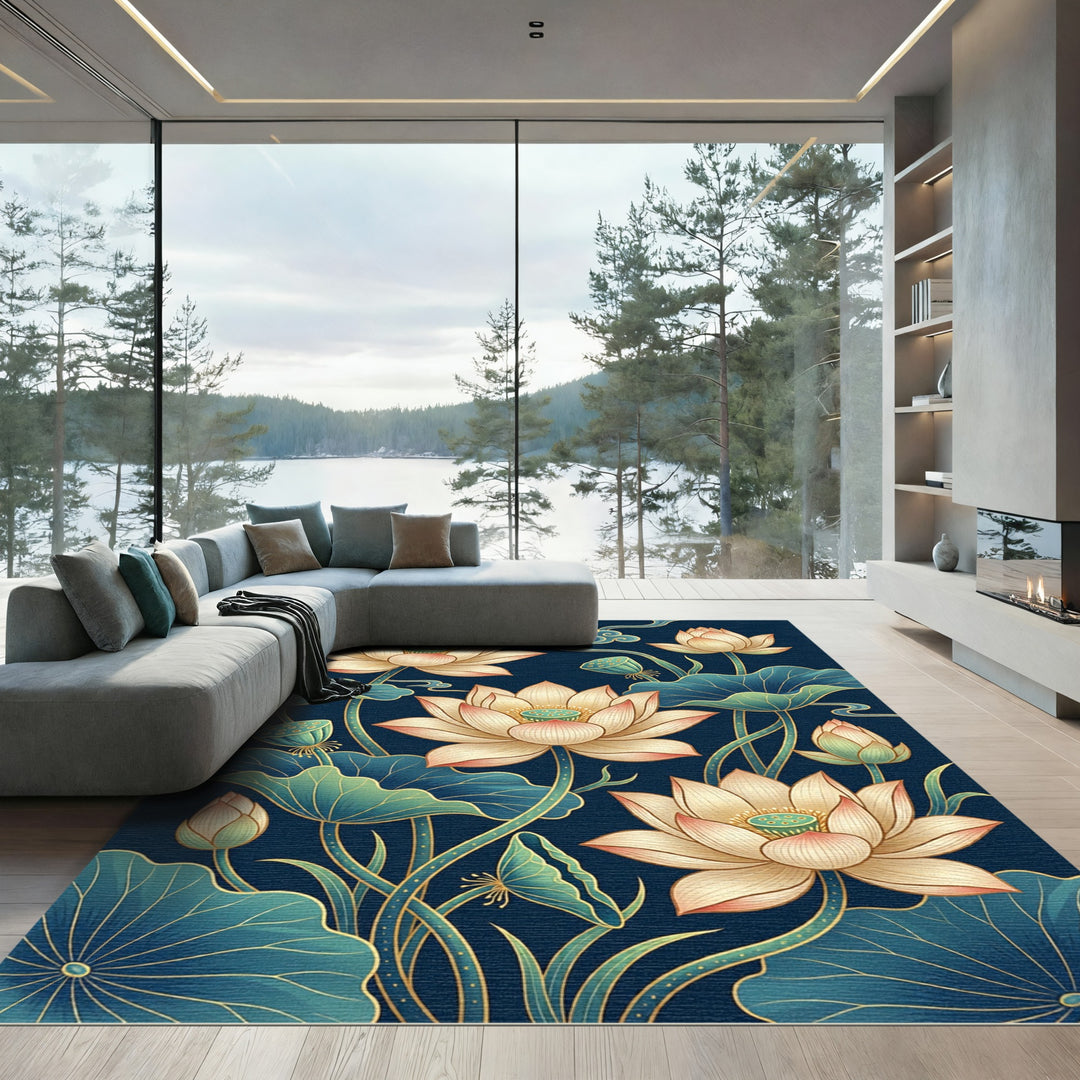 Elegant Lotus Flower Navy Rug