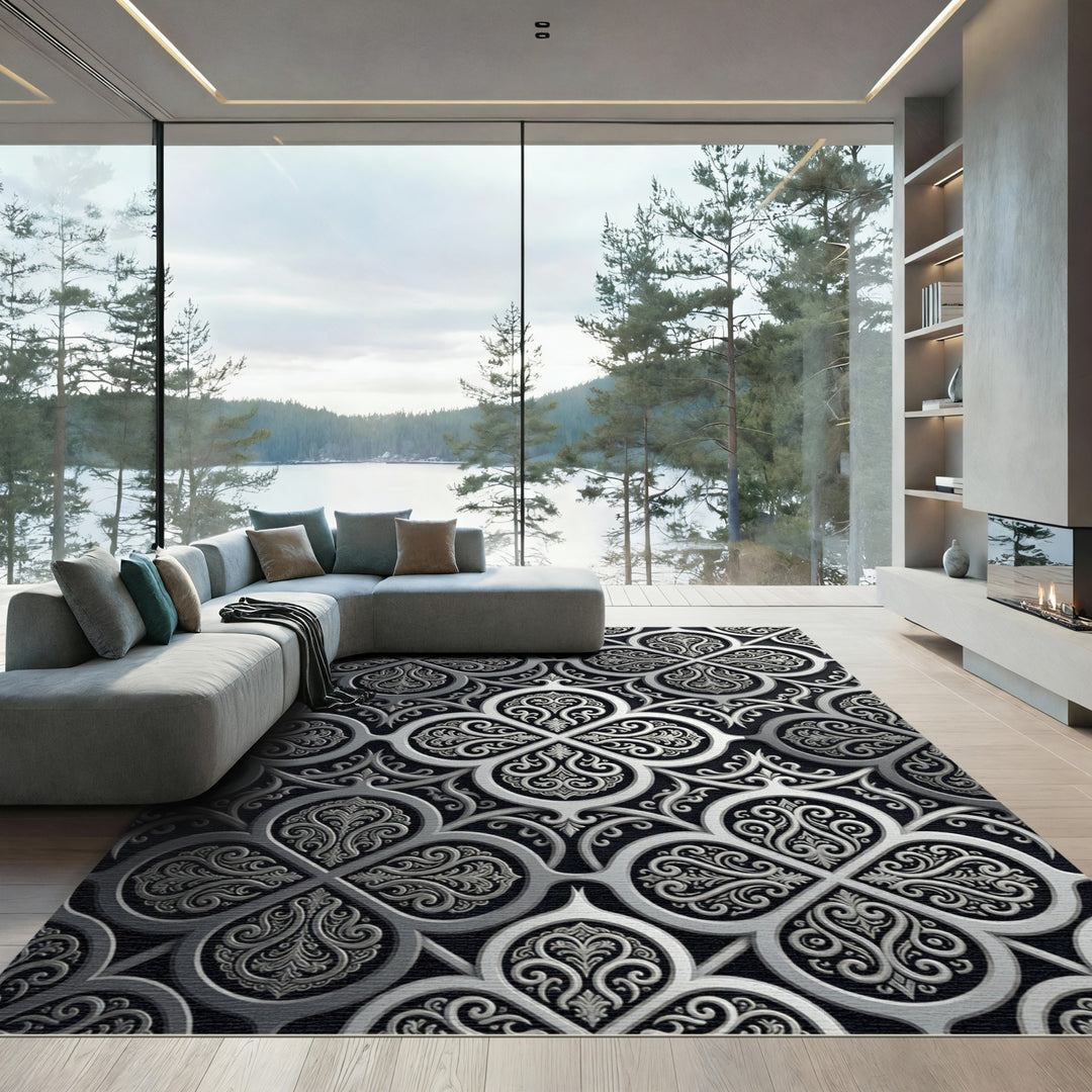 Ornate Silver Scrollwork Luxury Rug
