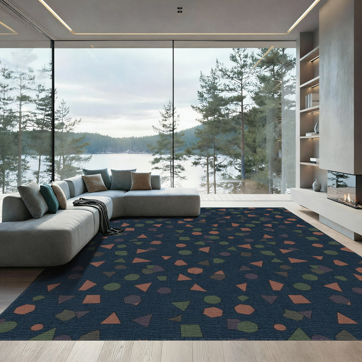 Muted Geometric Shapes Scattered Navy Rug