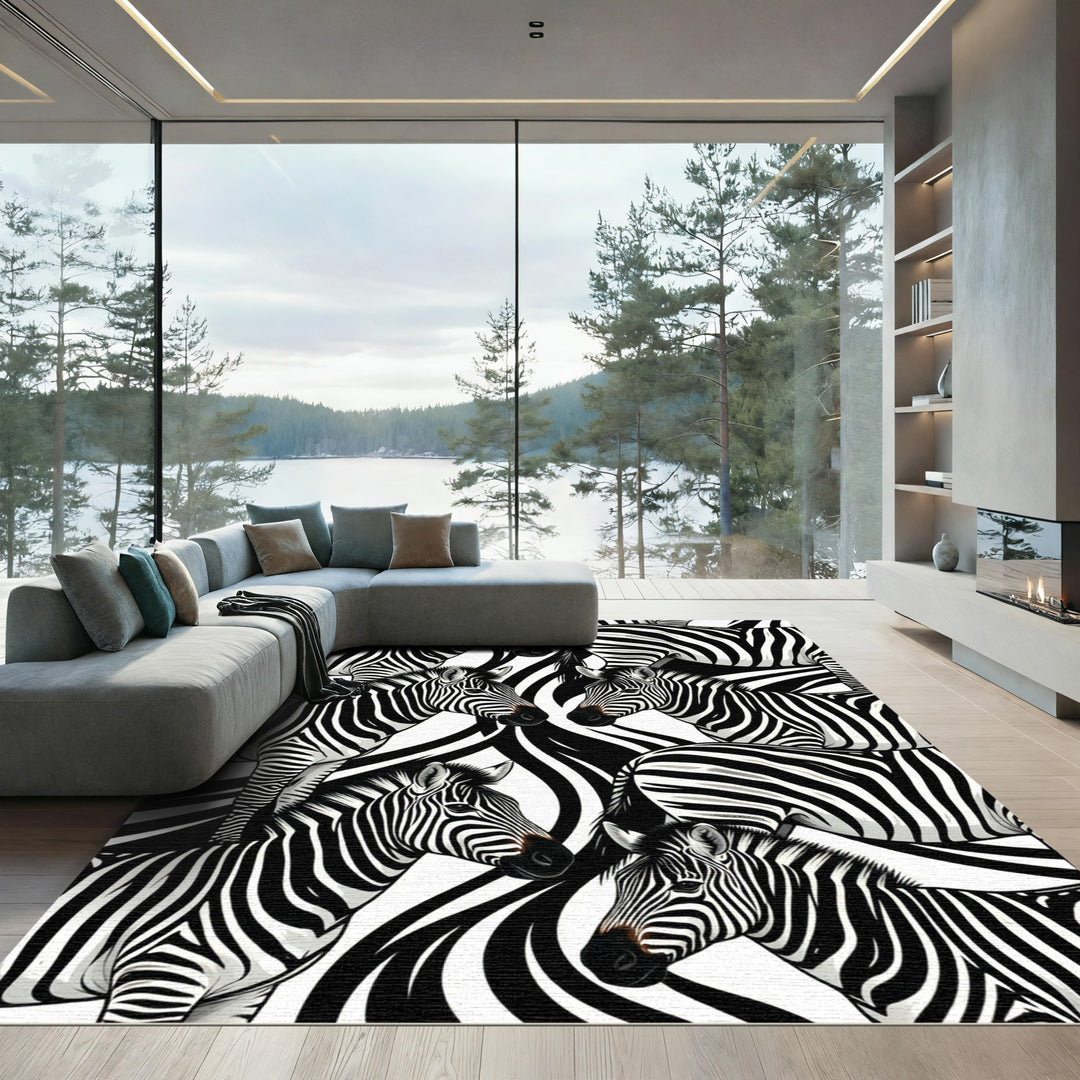 Bold Black White Zebra Collage Rug