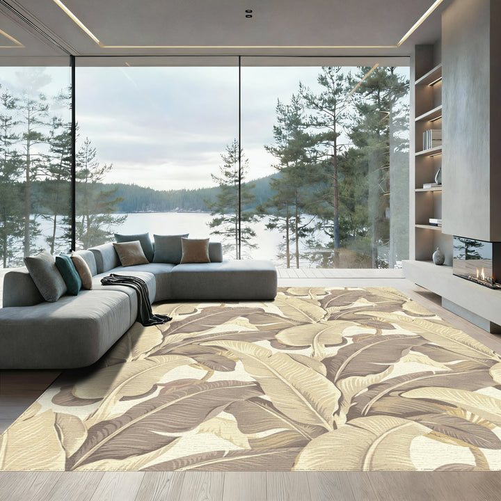 Palm Leaf Tropical Beige Brown Rug