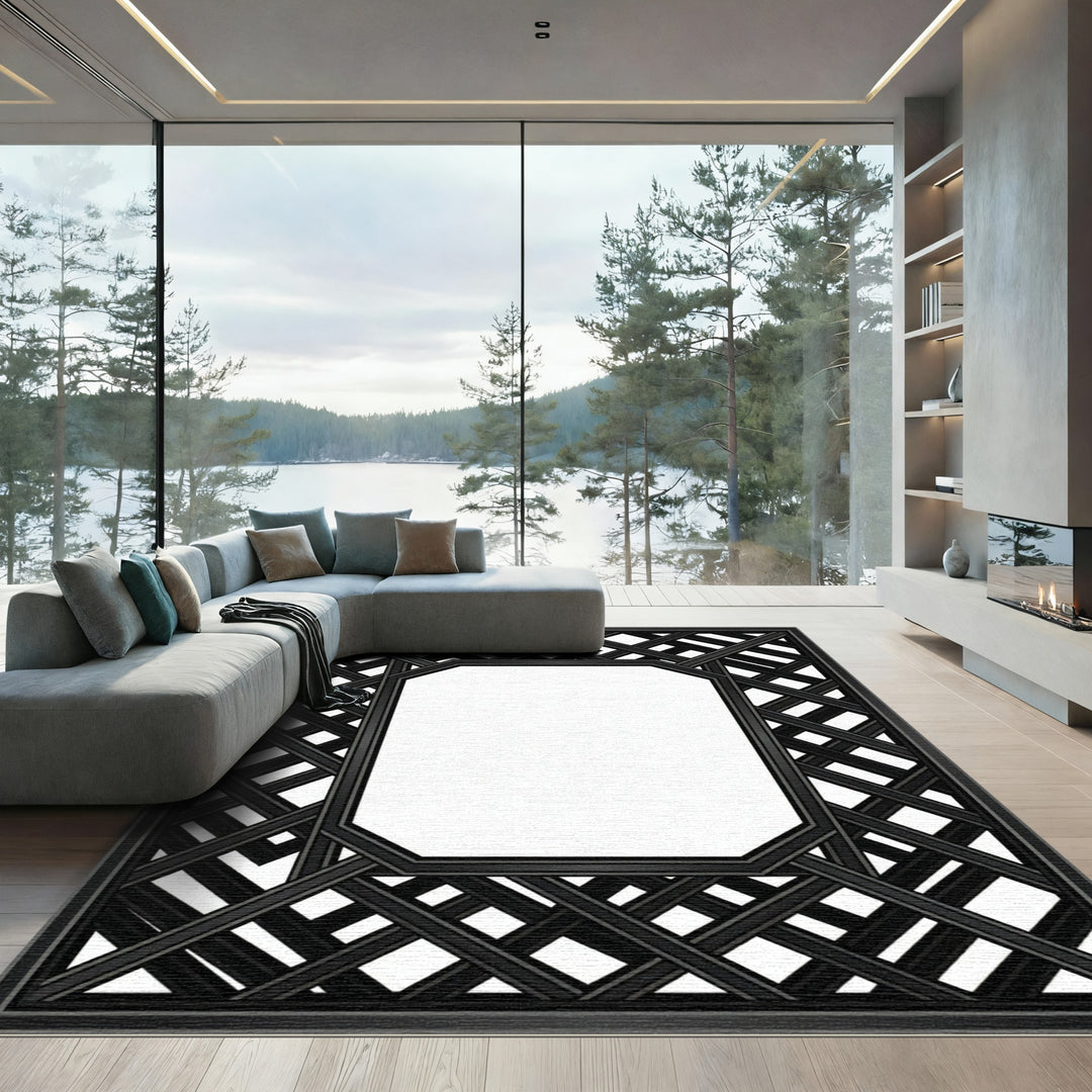 Black Lattice Octagon Frame Rug