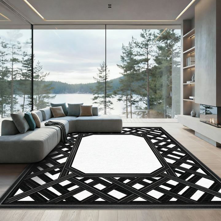 Black Lattice Octagon Frame Rug