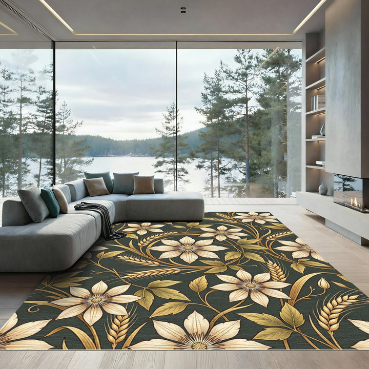 Golden Floral Wheat Harvest Rug