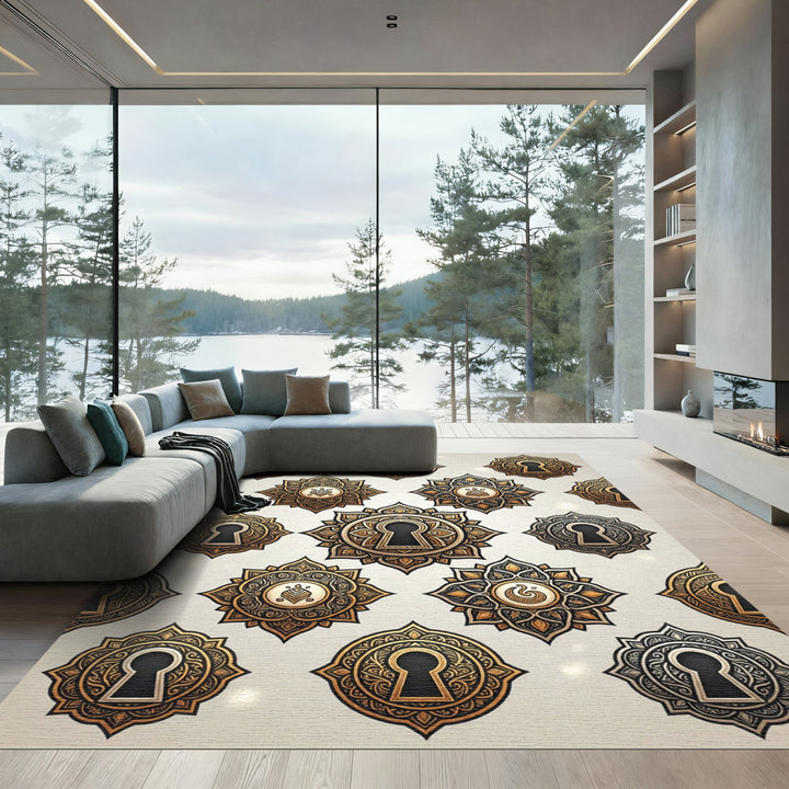 Ornate Golden Keyhole Medallion Rug