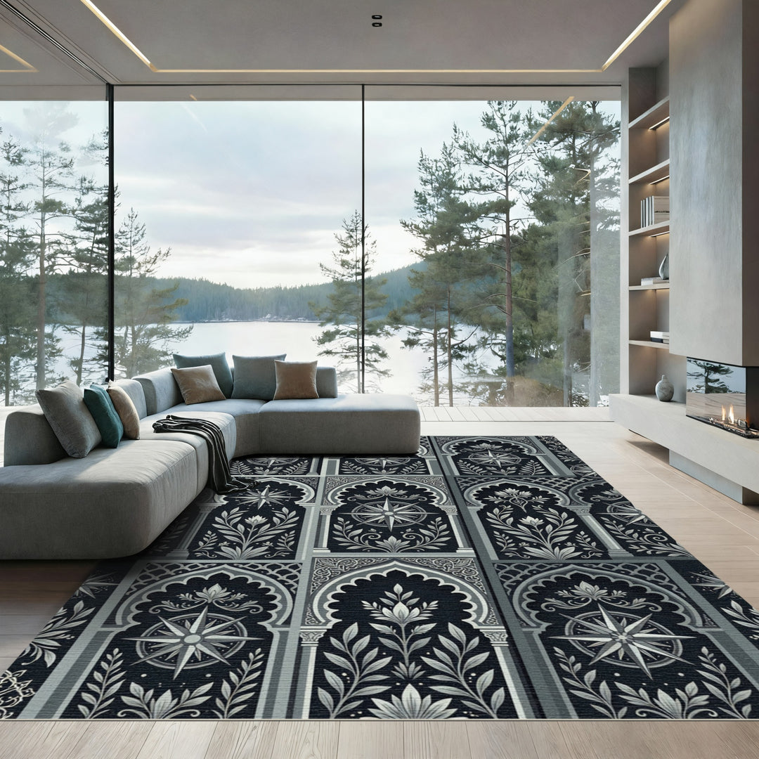 Arabesque Compass Ornamental Black Rug