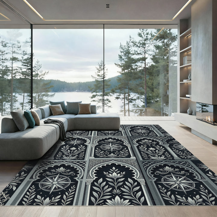 Arabesque Compass Ornamental Black Rug