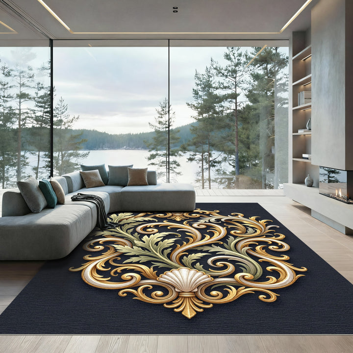 Ornate Gold Seashell Leaf Scroll Rug