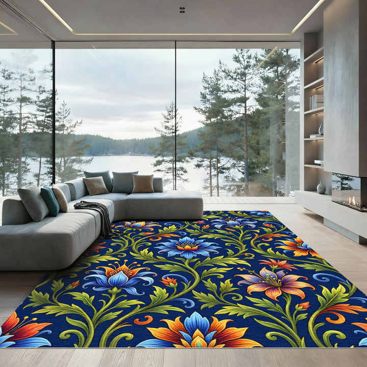Ornate Blue Orange Floral Vine Rug