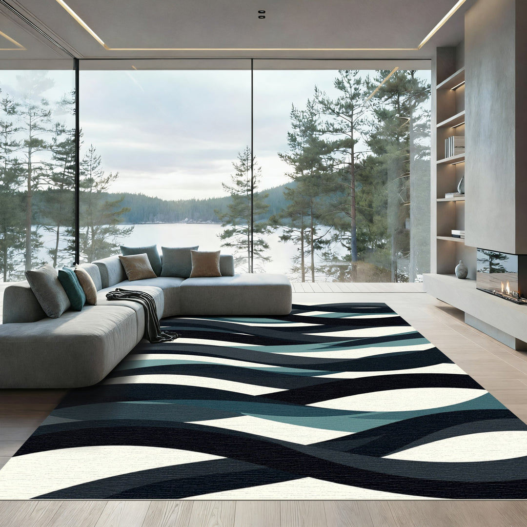 Deep Teal Blue Abstract Wave Rug