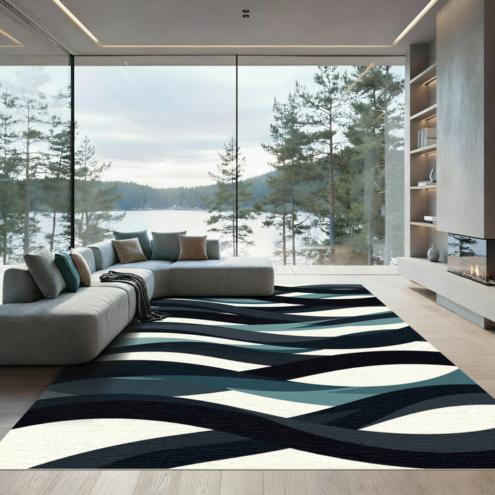 Deep Teal Blue Abstract Wave Rug