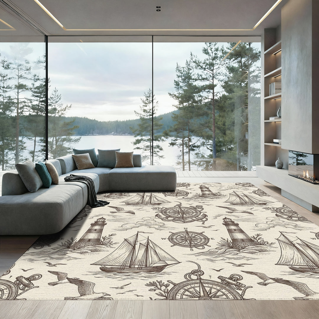 Nautical Sketch Lighthouse Sailboat Compass Seagull Rug