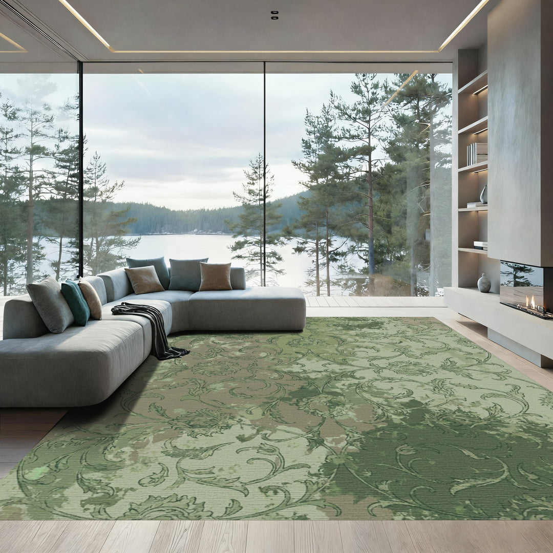 Distressed Green Floral Scroll Rug