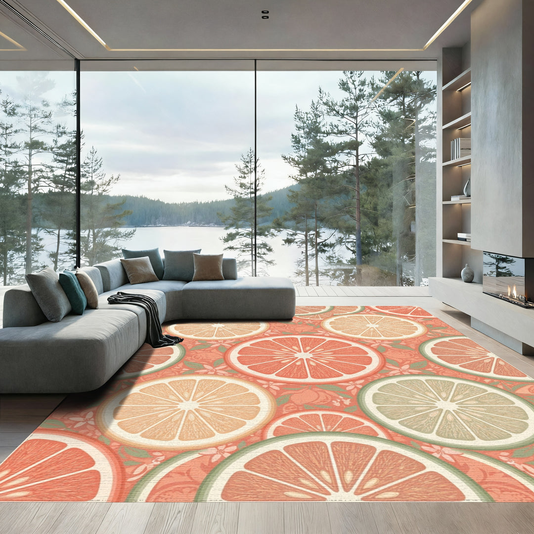 Coral Citrus Slice Botanical Arrangement Rug