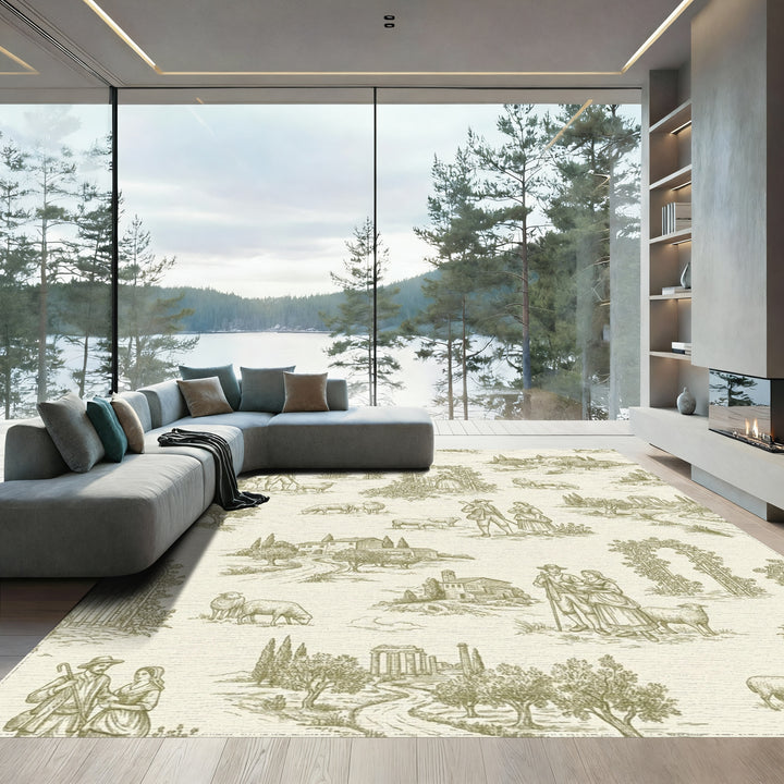 Pastoral Countryside Sheep Sketch Rug