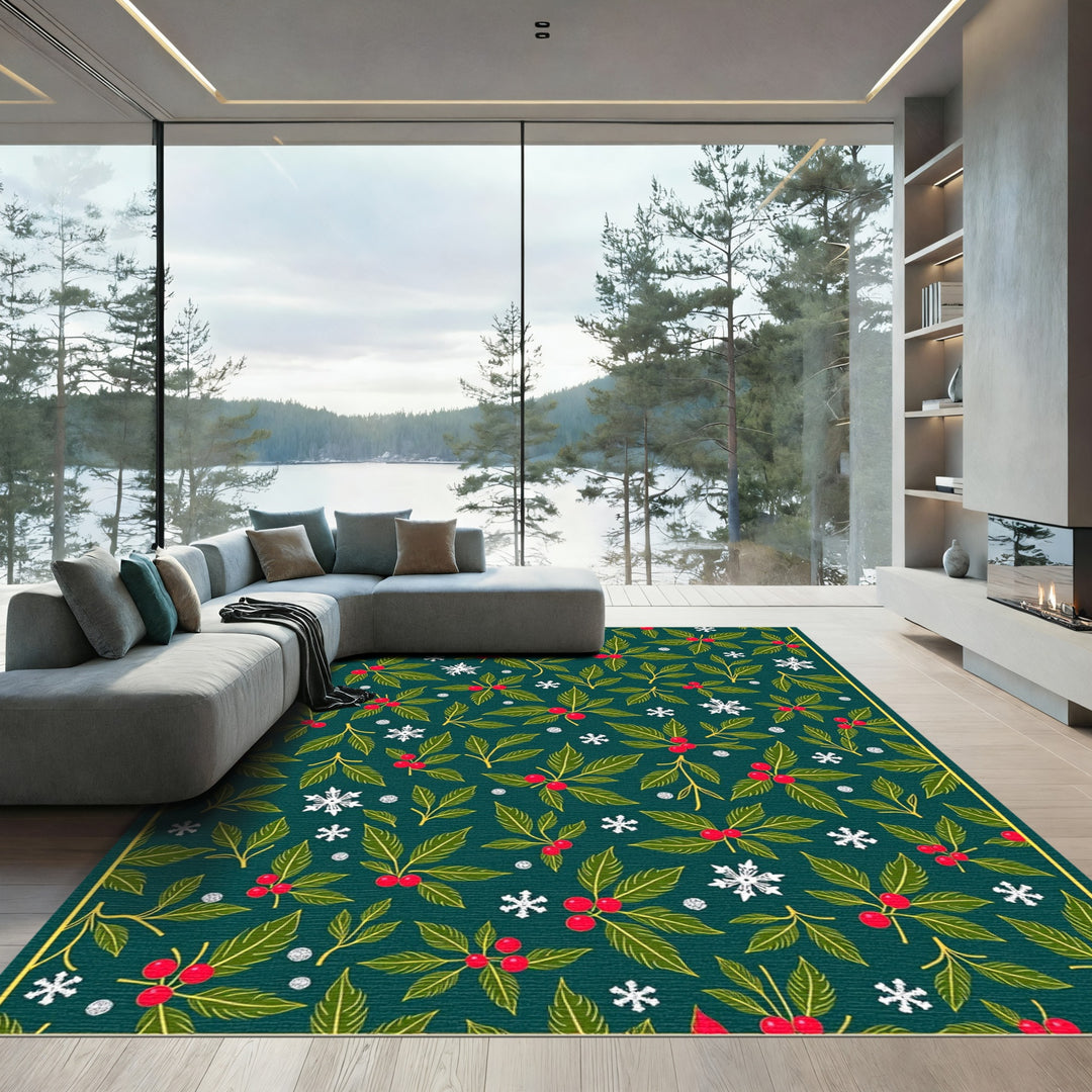 Teal Holly Berry Snowflake Festive Pattern Rug