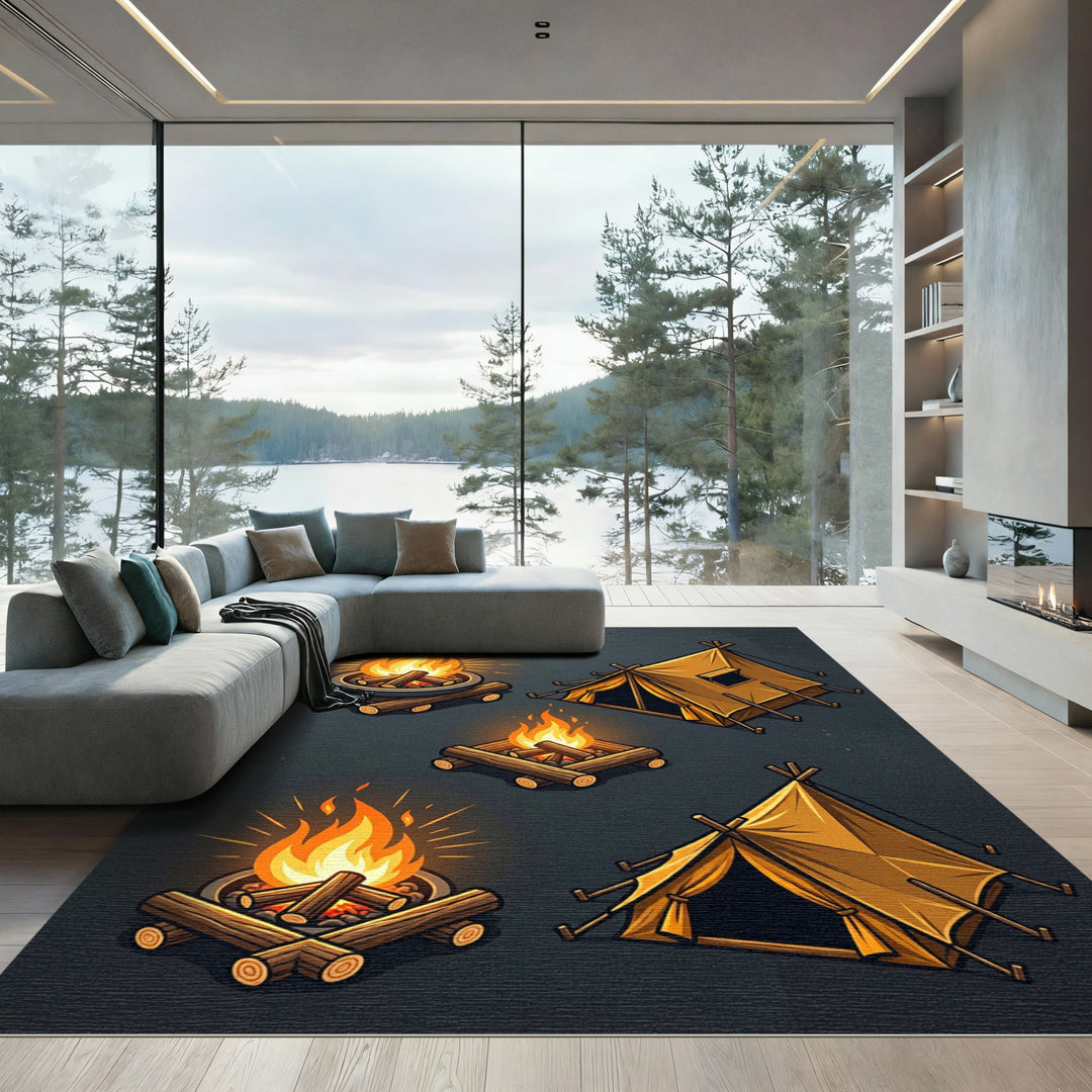 Golden Campfire Tent Illustration Rug