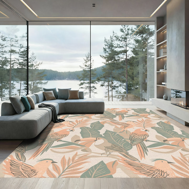 Tropical Birds Orange Green Leaves Rug