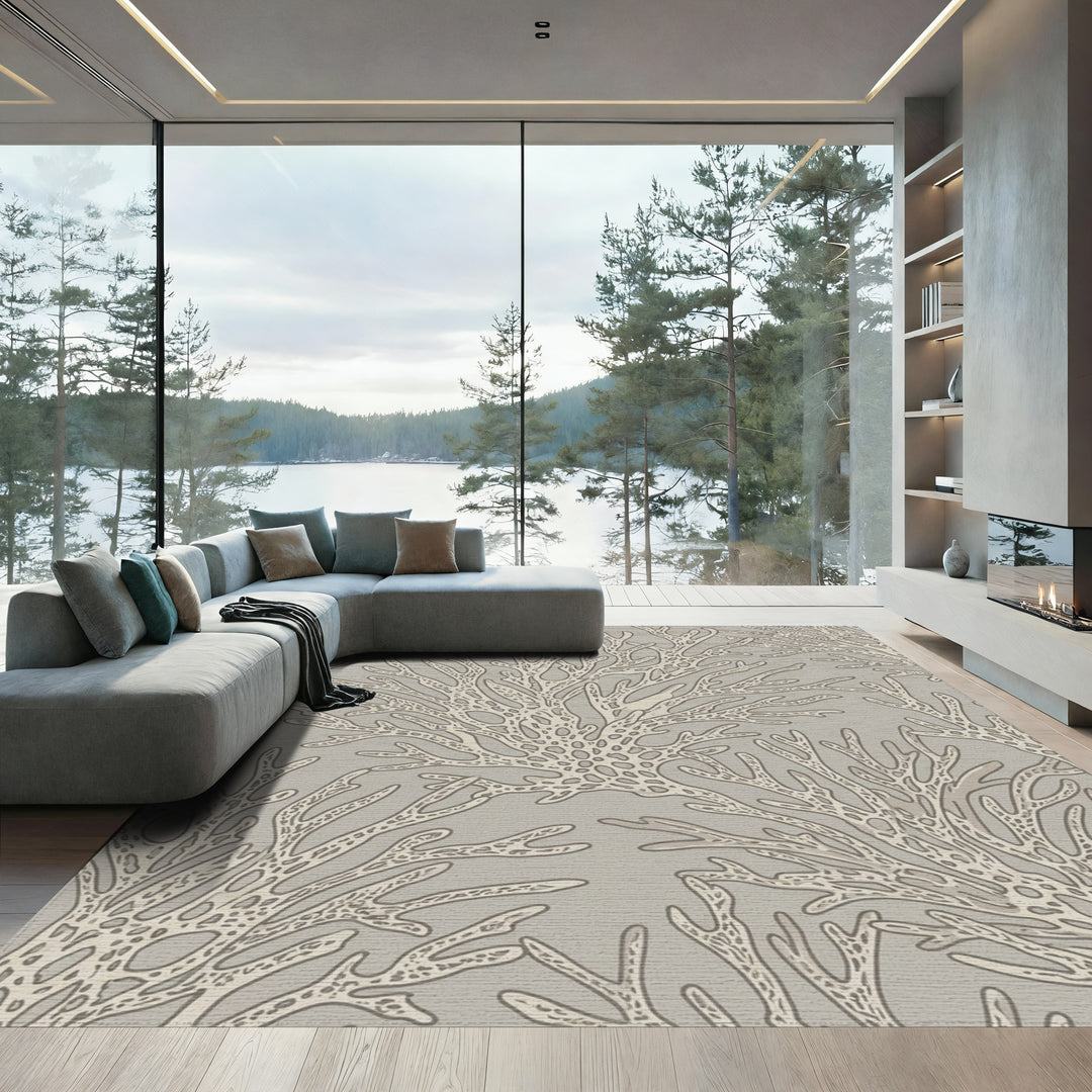 Neutral Beige Coral Branch Arrangement Rug