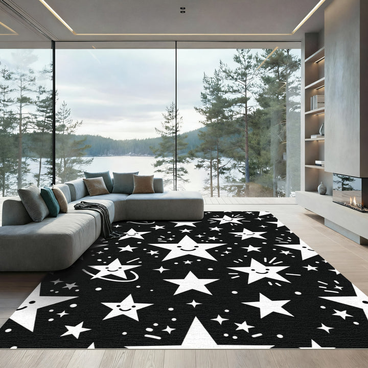 Playful White Cartoon Stars on Black Rug