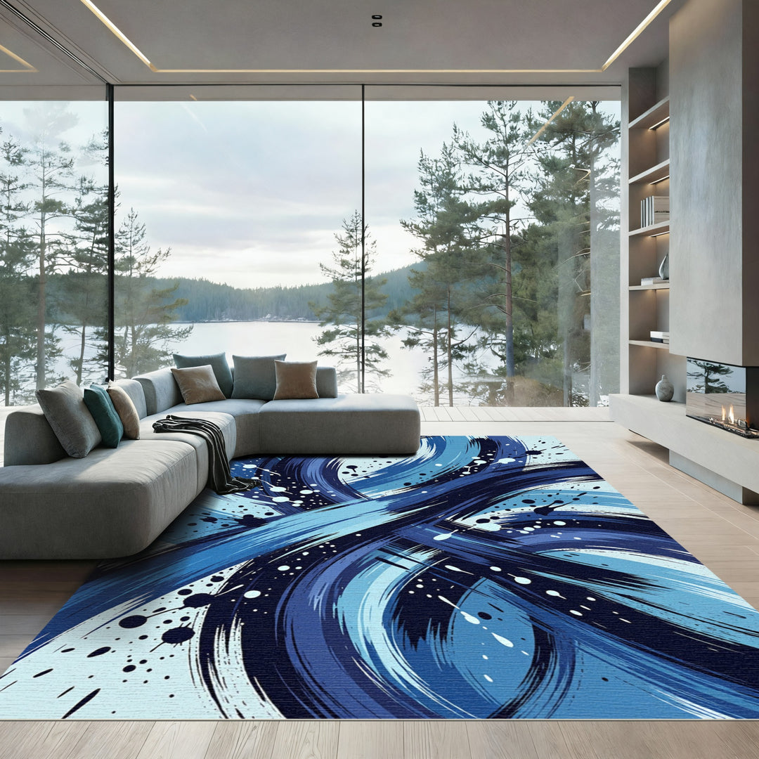 Dynamic Blue Ink Splatter Swirl Rug