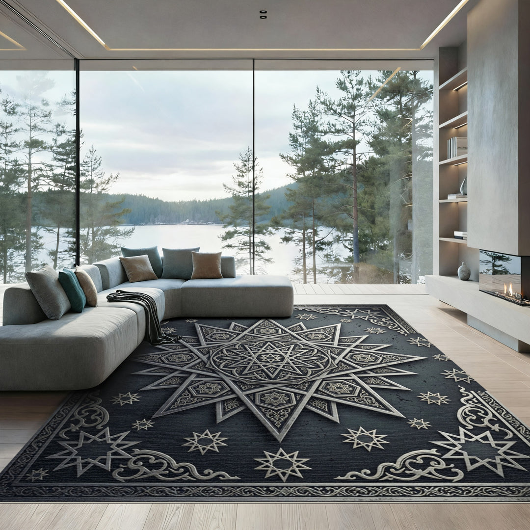 Elegant Silver Starburst Mandala Rug