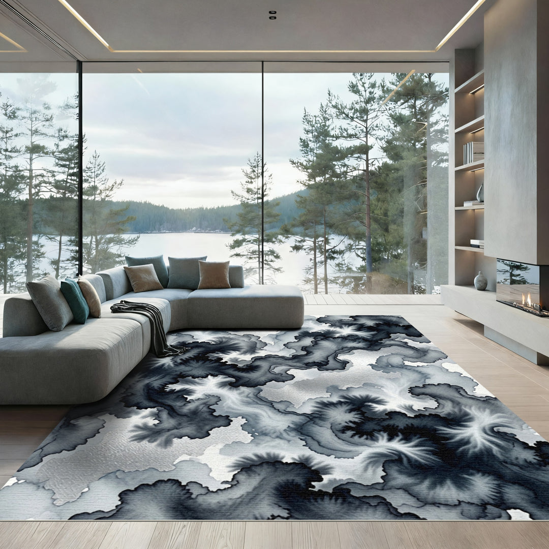 Dark Ink Wash Swirl Abstract Rug