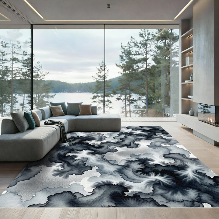 Dark Ink Wash Swirl Abstract Rug